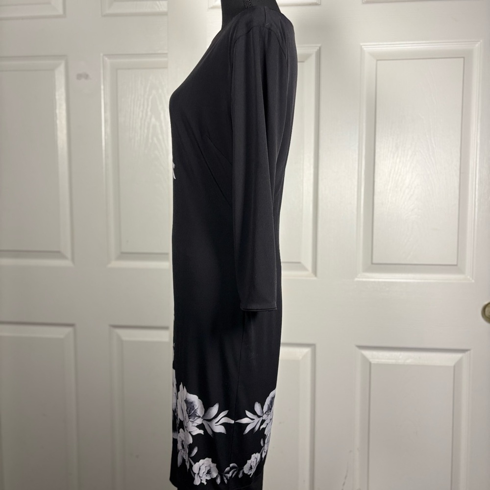 White House Black Market Asymmetrical Black Dress with White Floral Design - Picture 9 of 13
